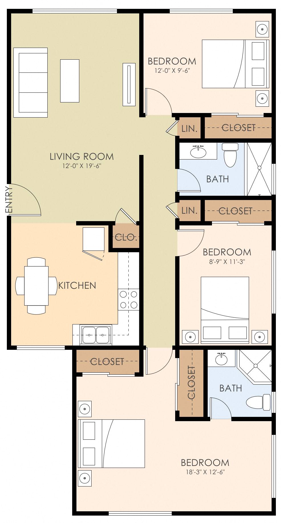 Floor plan for 3 beds, 2 baths, 1041 sqft